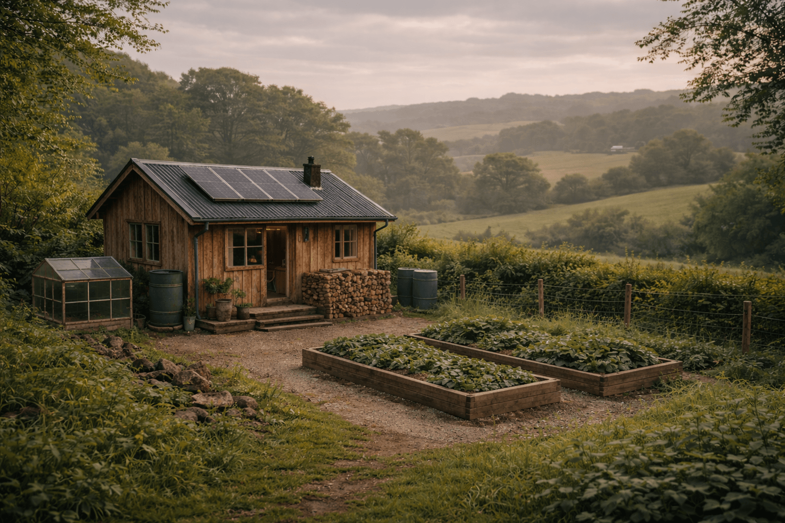 Off grid living UK beginner setup showing small rural home with garden and solar setup